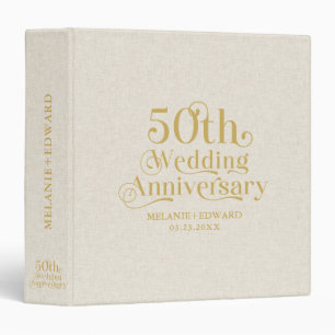 Gold Happy 50th Wedding Anniversary Beige Linen 3 Ring Binder