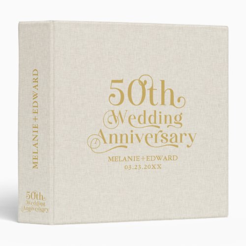 Gold Happy 50th Wedding Anniversary Beige Linen 3 Ring Binder