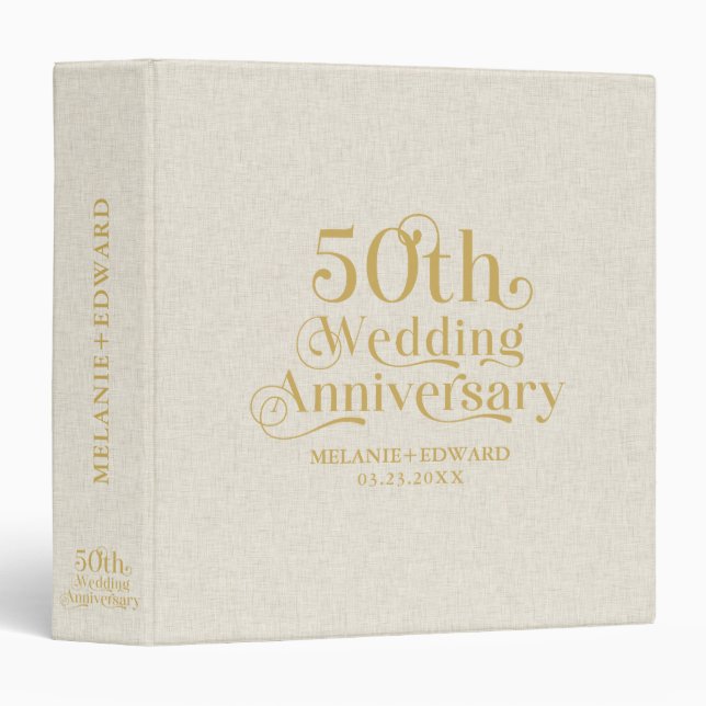 Gold Happy 50th Wedding Anniversary Beige Linen 3 Ring Binder (Front/Spine)
