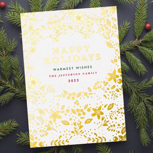 Gold Happy Holiday Florals Foil Holiday Card