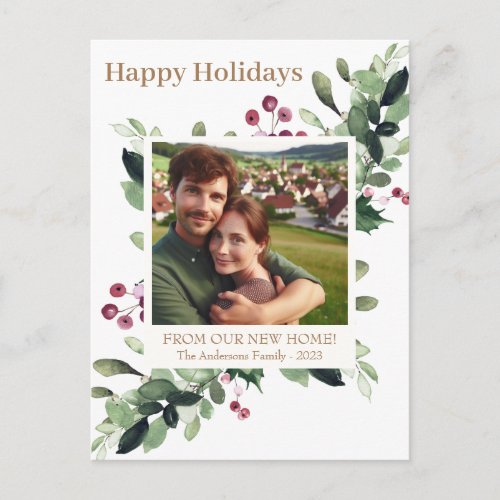 Gold Happy Holiday Greenery Berries New Home Announcement Postcard