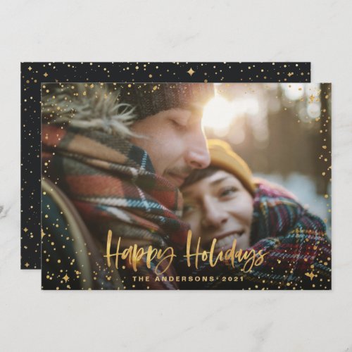 Gold happy holidays 1 photo modern black Christmas Holiday Card