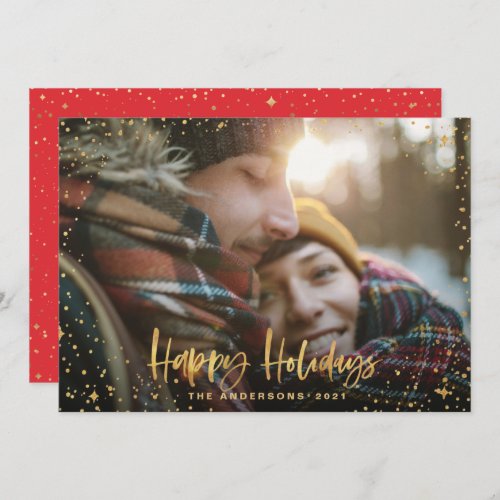 Gold happy holidays 1 photo modern red Christmas  Holiday Card