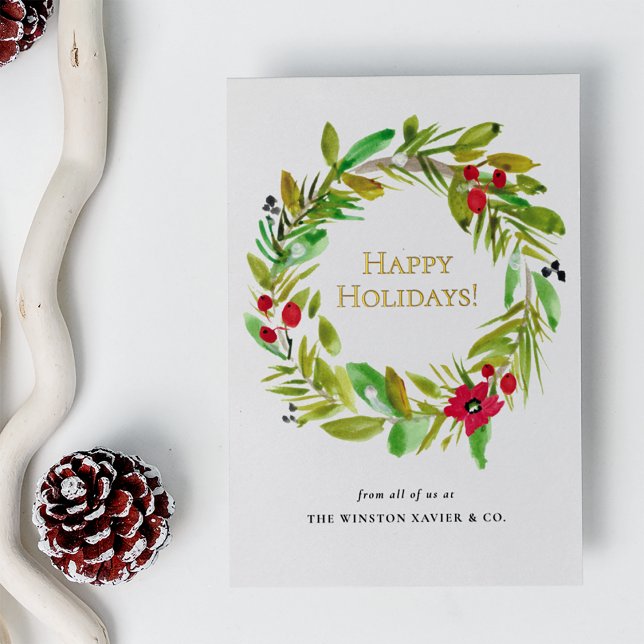Gold Happy Holidays Christmas watercolor Wreath  Foil Holiday Card (Real gold foil happy holidays modern watercolor wreath business christmas card.)