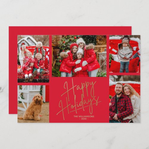 Gold Happy Holidays Five Photos Red Holiday Card