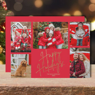 Gold Happy Holidays Five Photos Red Holiday Card