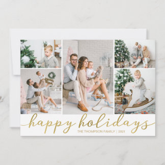 Gold Happy Holidays Photo ChristCard Five Pictures Holiday Card