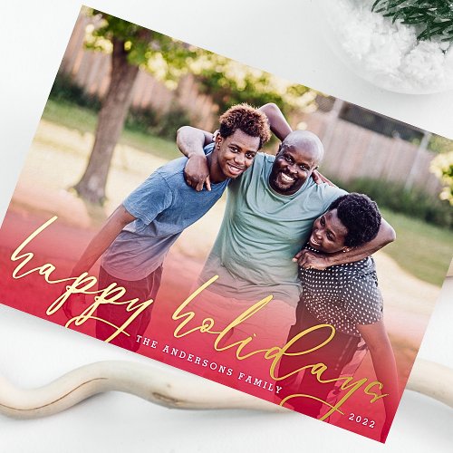 GOLD Happy Holidays Red Gradient Christmas Photo Foil Holiday Card