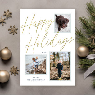 Gold Happy Holidays Script 3 Photo Holiday Card