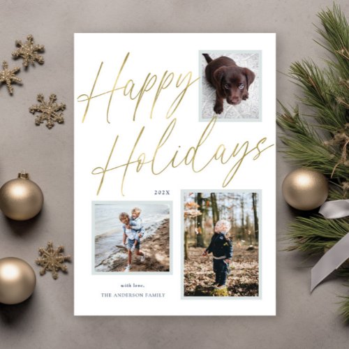 Gold Happy Holidays Script 3 Photo Holiday Card