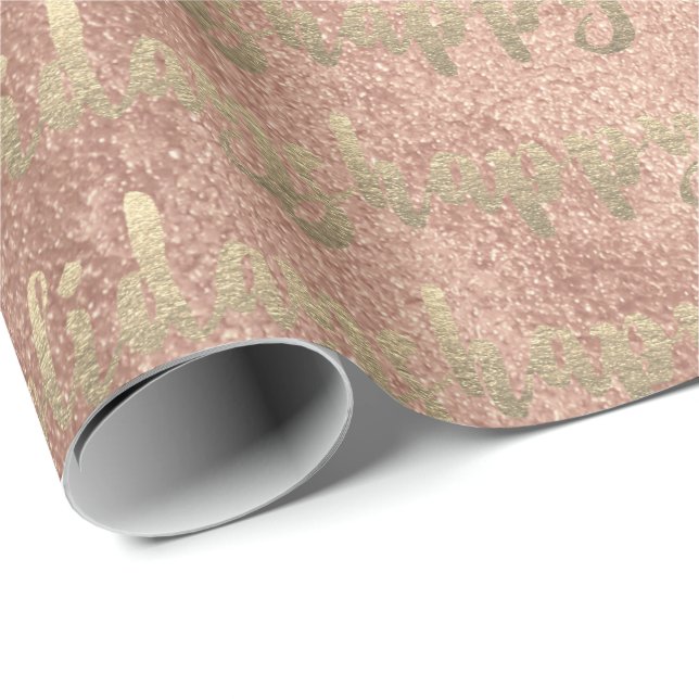 Gold Happy Holidays Script Blush Pink Rose Wrapping Paper (Roll Corner)