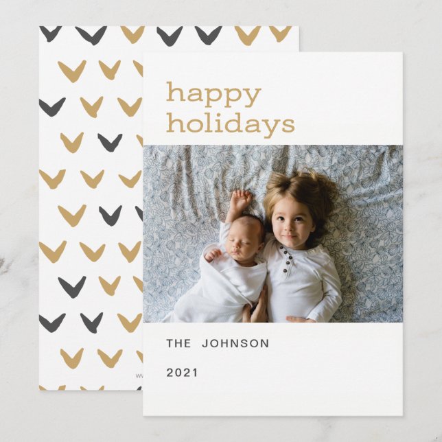 gold happy holidays simple photo holiday cards (Front/Back)