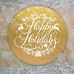 Gold Happy Holidays Snowflakes Christmas Classic Round Sticker<br><div class="desc">Featuring falling snow over an elegant Happy Holidays design on a gold background. Designed by Thisisnotme©</div>