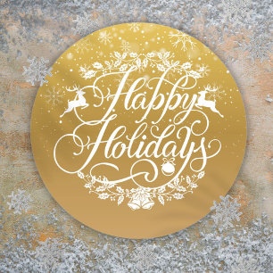 Gold Happy Holidays Snowflakes Christmas Classic Round Sticker