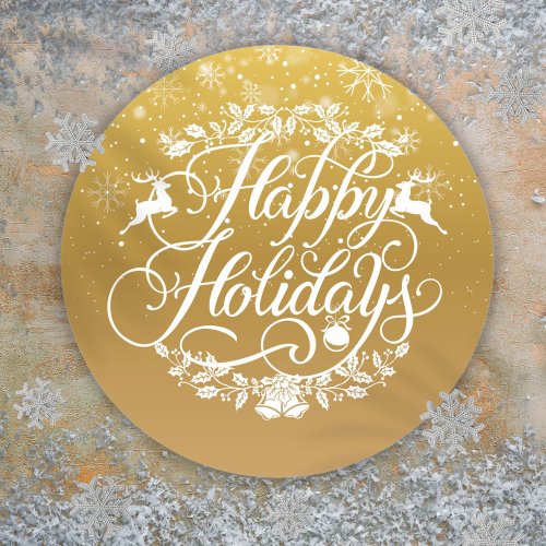Gold Happy Holidays Snowflakes Christmas Classic Round Sticker