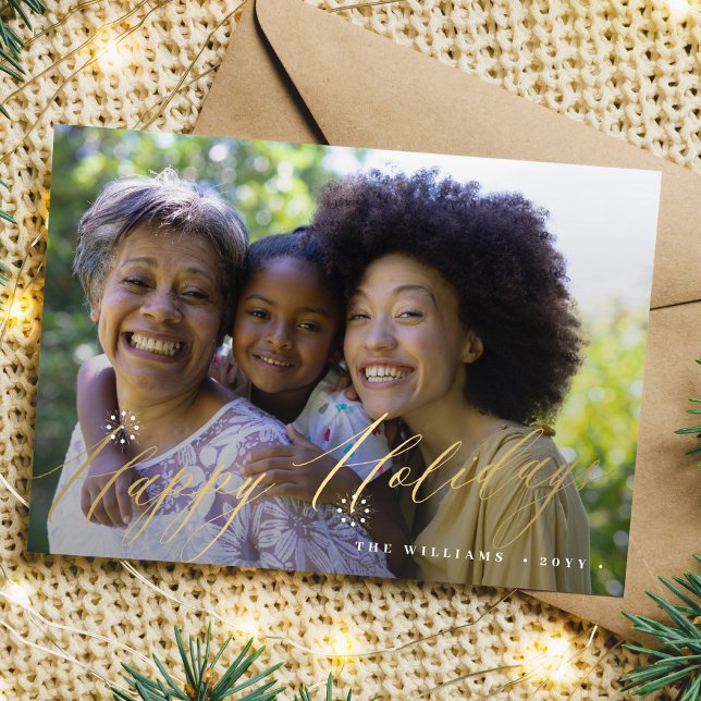 Gold Happy Holidays snowflakes photo Holiday Card (Creator Uploaded)