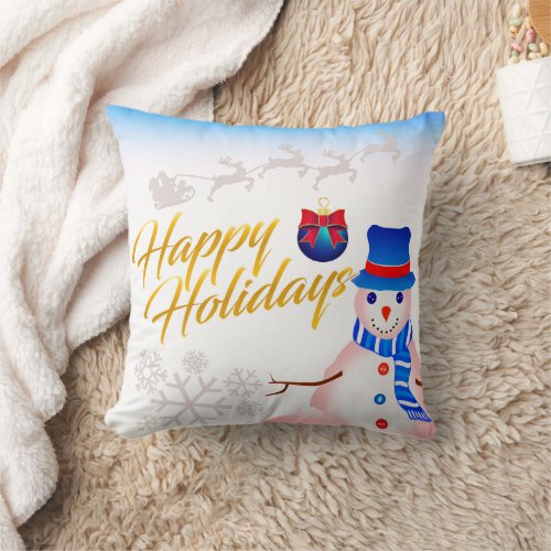 Gold Happy Holidays Snowman Blue  White Christmas Throw Pillow