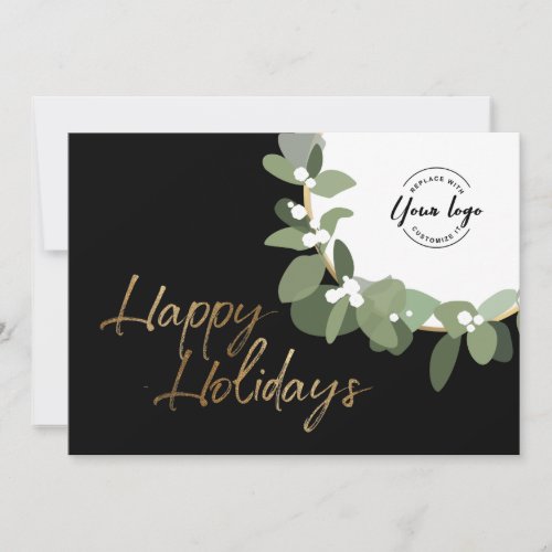 Gold Happy Holidays Wreath Custom logo business Holiday Card