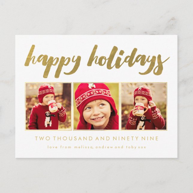Gold Happy Holidays Xmas 3 Photo Frame Postcard (Front)
