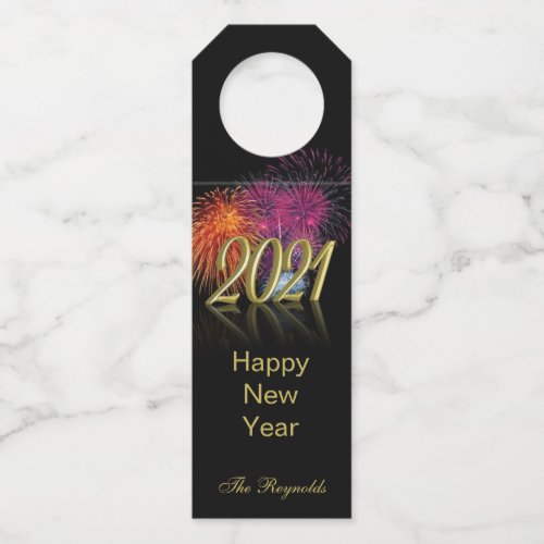 Gold Happy New Year 2021 Fireworks Bottle Hanger Tag