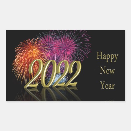 Gold Happy New Year 2022 Fireworks Rectangular Sticker