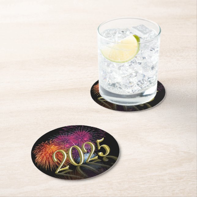 Gold Happy New Year 2025 Fireworks Round Paper Coaster (Insitu)