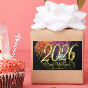 Gold Happy New Year 2026 Colorful Fireworks Big Rectangular Sticker