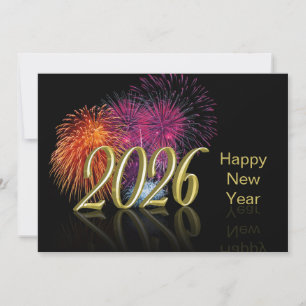 Gold Happy New Year 2026 Fireworks Holiday Card