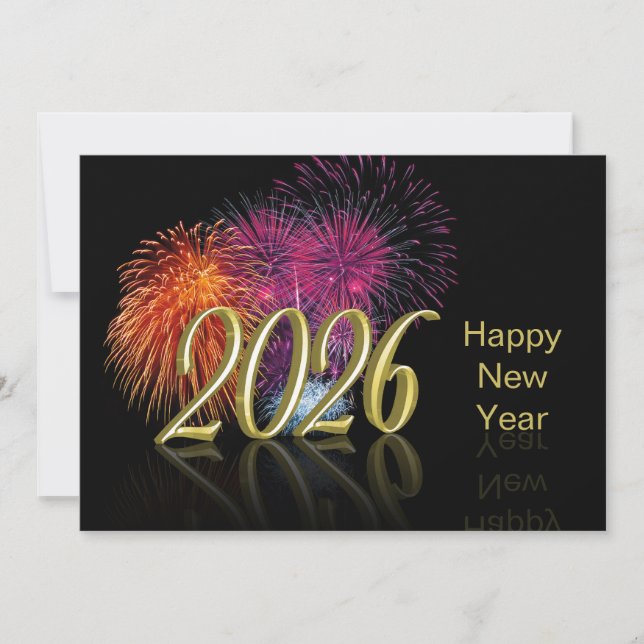 Gold Happy New Year 2026 Fireworks Holiday Card (Front)