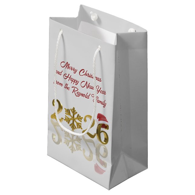 Gold Happy New Year 2026 | Snowflake and Santa Hat Small Gift Bag (Front Angled)