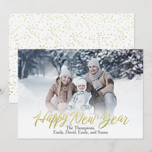 Gold Happy New Year Calligraphy Script 1 Photo Holiday Card (Front/Back)