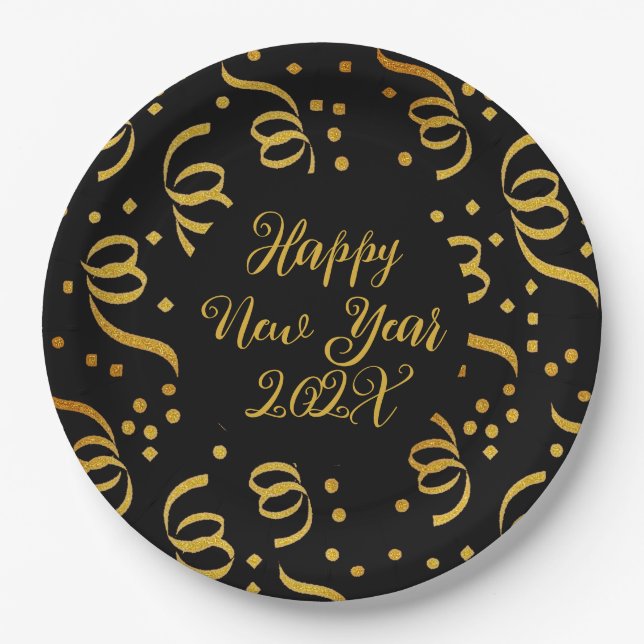 Gold Happy New Year Custom Wording Confetti Paper Plates (Front)