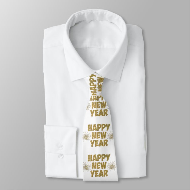 gold happy new year fireworks neck tie (Tied)