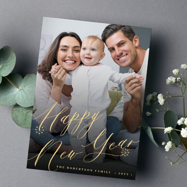 Gold Happy New Year minimal elegant photo Holiday Card (Creator Uploaded)