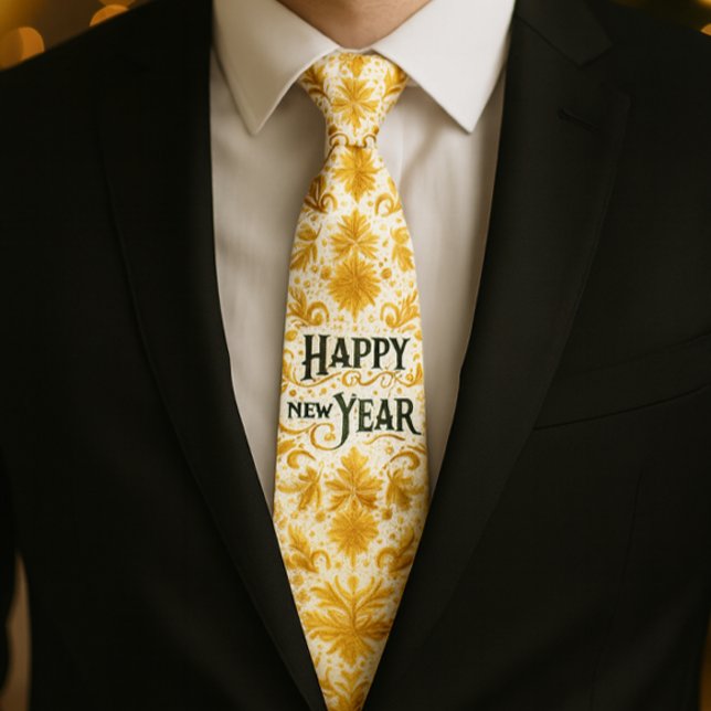 Gold Happy New Year  Neck Tie (Holiday style, gold flourish Happy New Year tie for a well dressed man )