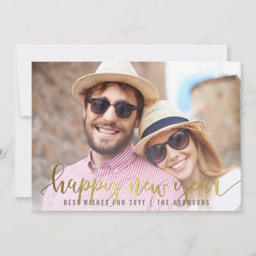 Gold Happy New Year Script  Custom Photo Holiday Card