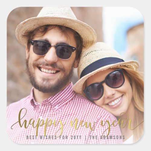 Gold Happy New Year Script  Custom Photo Square Sticker