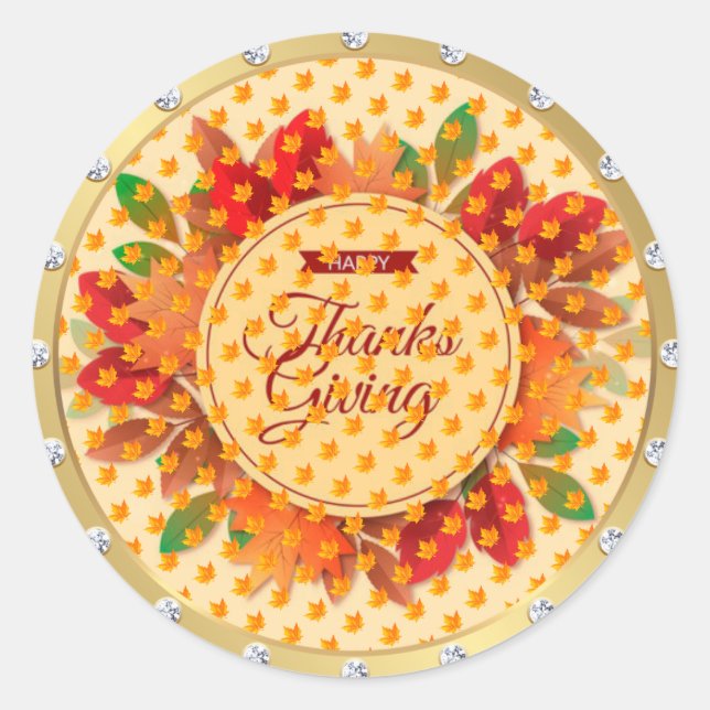 Gold Happy Thanksgiving Fall Classic Round Sticker (Front)