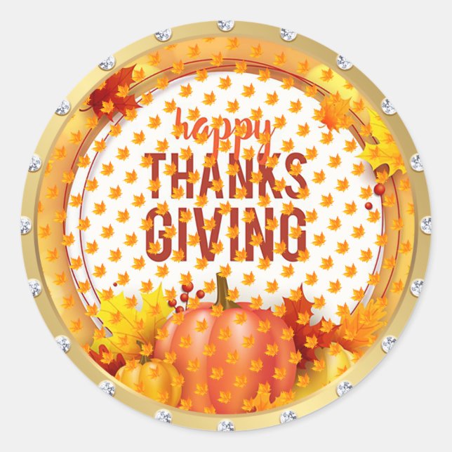 Gold Happy Thanksgiving Fall Classic Round Sticker (Front)