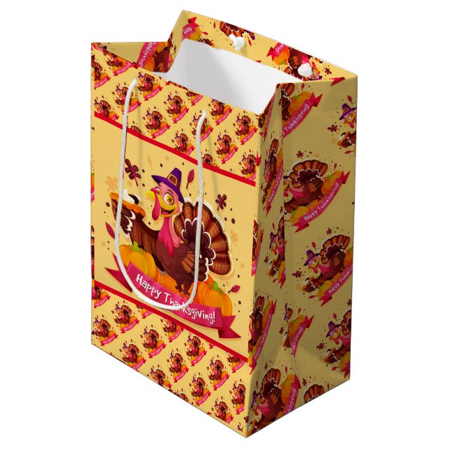 Gold Happy Thanksgiving Fall Gift Medium Gift Bag (Front Angled)