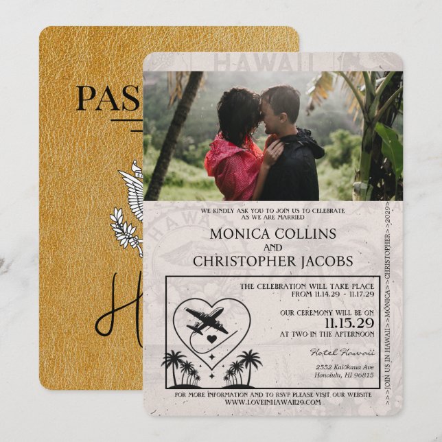 Gold Hawaii Passport Wedding Invitation (Front/Back)