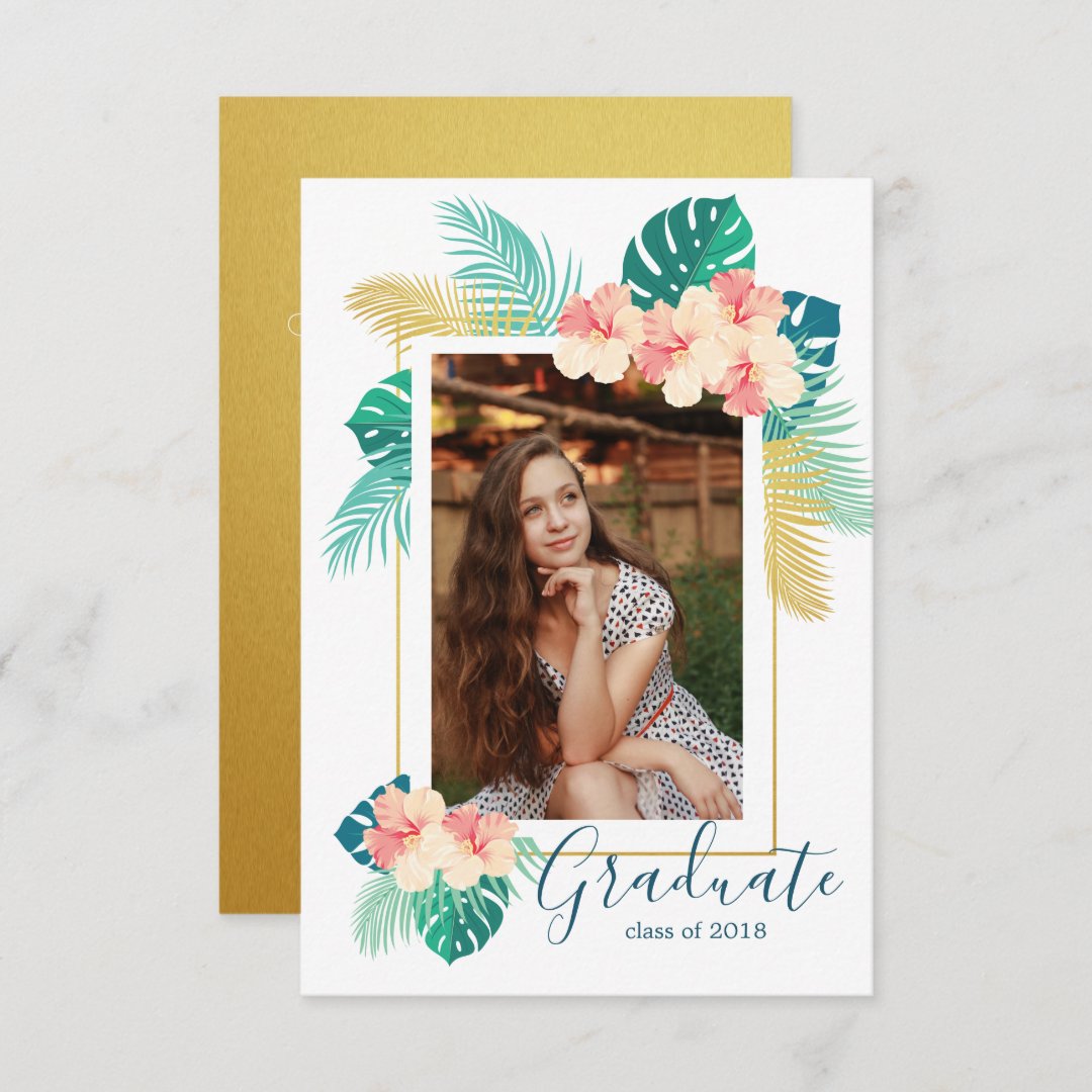 Gold Hawaiian Hibiscus Graduation Announcement | Zazzle