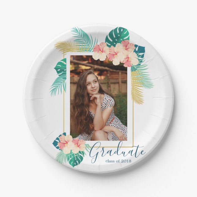 Gold Hawaiian Hibiscus Graduation Party Plates (Front)