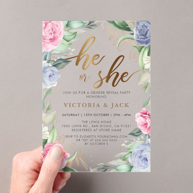 Gold He or She Floral Greenery Gender Reveal Acrylic Invitations (Insitu (Handheld))