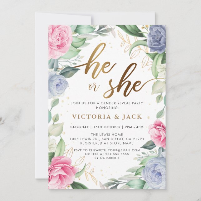 Gold He or She Floral Greenery Gender Reveal Invitation (Front)