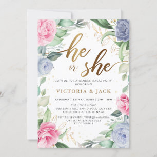 Gold He or She Floral Greenery Gender Reveal Invitation