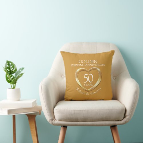 Gold heart 50th wedding anniversary custom name  throw pillow