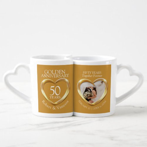 Gold heart 50th wedding anniversary custom photo coffee mug set