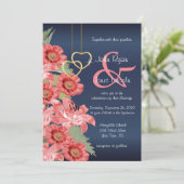 Gold Heart and Coral Flowers Wedding Invitations (Standing Front)