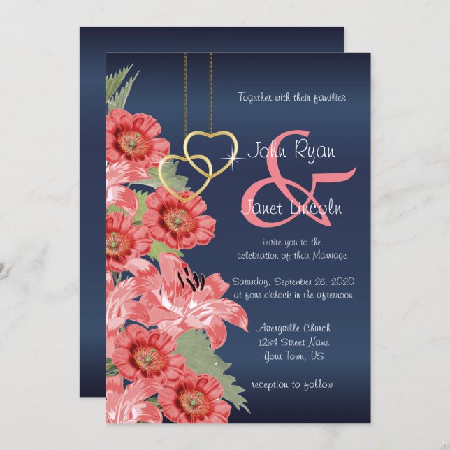 Gold Heart and Coral Flowers Wedding Invitations (Front/Back)